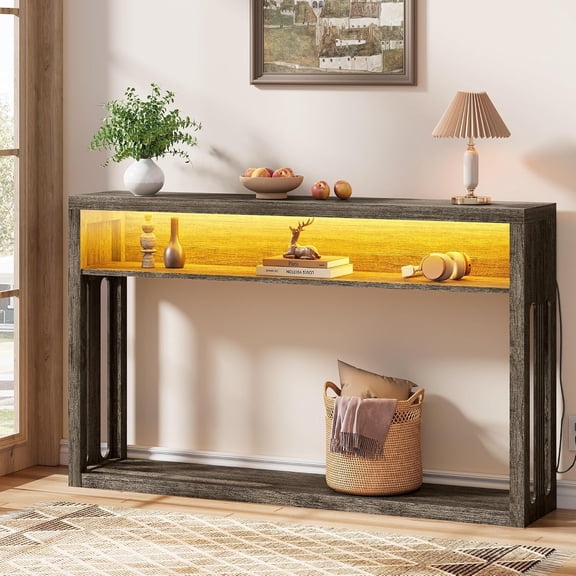 '' Console Table with LED Lights, Entryway Table, 2-Tier Wooden Sofa Table with Open Storage Shelf, Rectangular Behind Couch Tables for Hallway, Living Room, Foyer, Grey
