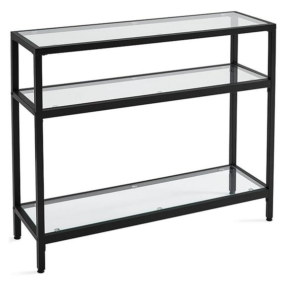 Console Table, Metal Frame Sofa Table, Modern Tempered Glass Hallway Table with Storage Shelves, Easy Assembly & Easy to Clean for Living Room, Entryway, Black