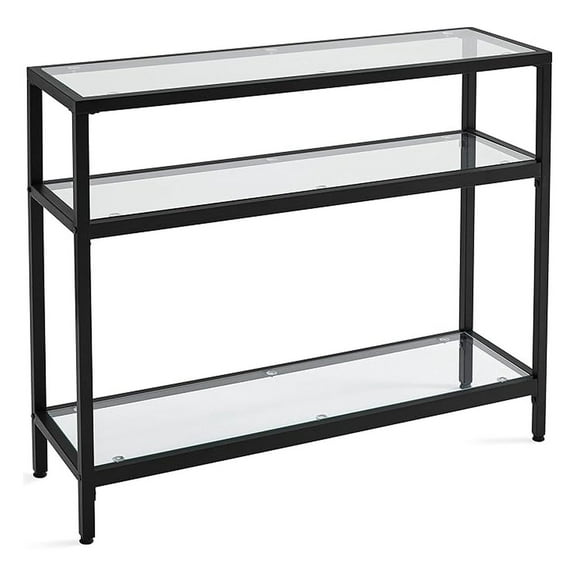 Console Table, Metal Frame Sofa Table, Modern Tempered Glass Hallway Table with Storage Shelves, Easy Assembly & Easy to Clean for Living Room, Entryway, Black