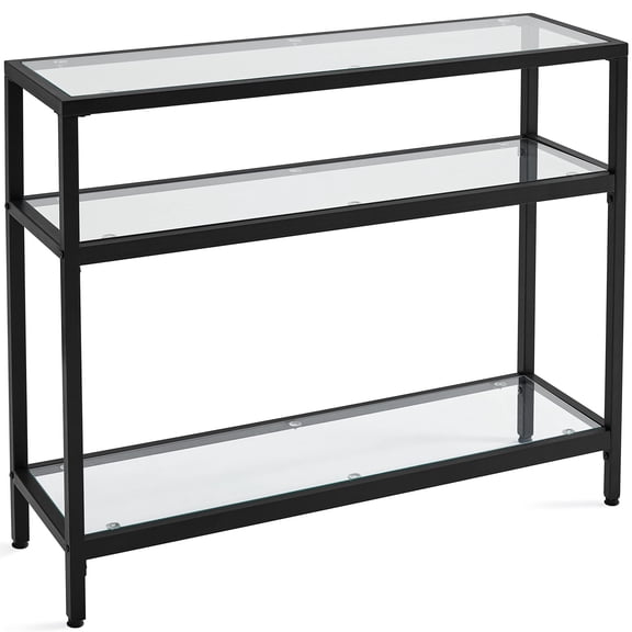 Console Table, Metal Frame Sofa Table with Tempered Glass and Storage Shelves, Modern Hallway Table for Living Room Entryway, Easy Assembly and Clean, Black
