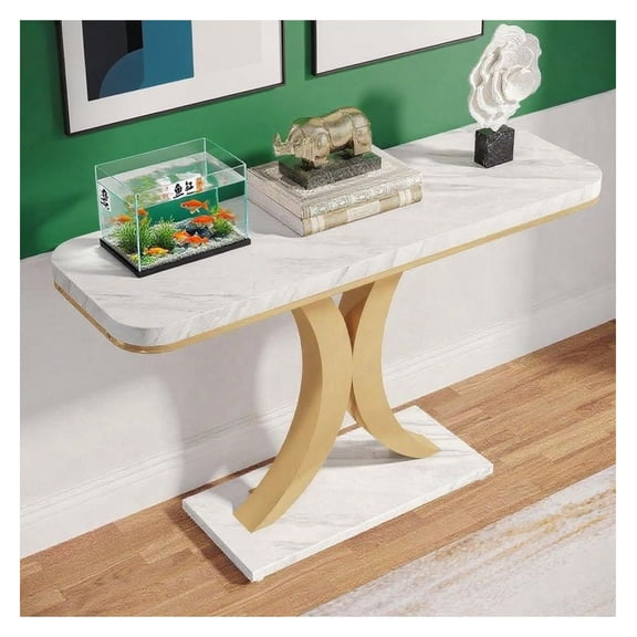 Console Table, Modern Entryway Table with Faux Marble Top, Narrow Sofa Table for Living Room, Hallway, Foyer - Geometric Base, 39.4 Inch