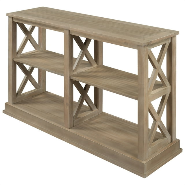 Console Table, Narrow Sofa Entry Table with 3-Tier Open Storage Spaces & "X" Legs, Pine Wooden Table Hallway Table Entry Table Entryway Shelf for Living Room, White Wash