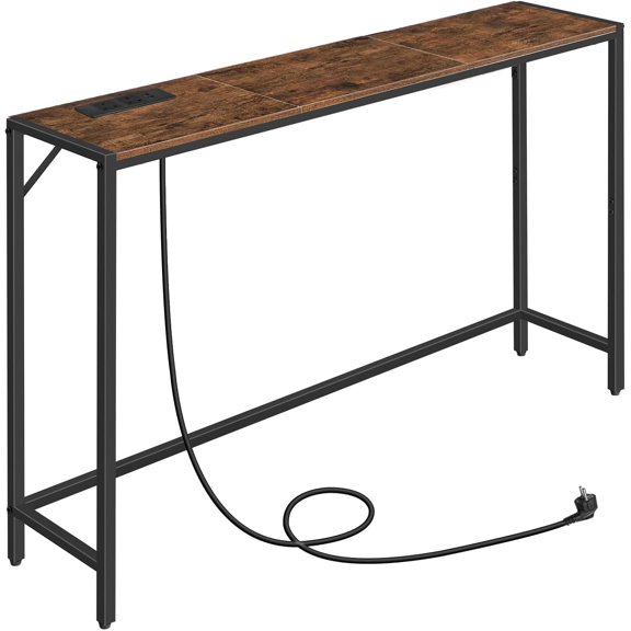 Console Table, Narrow Sofa Table, 43.3” Entrance Table with Power Station, Behind Couch Table, Simple Style, for Living Room, Hallway, Entryway, Foyer, Rustic Brown and Black