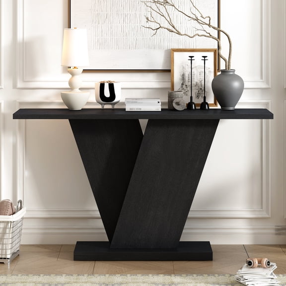 Console Table With Natural Veneer, Elegant Minimalist Look For Office, Broad Tabletop Display, Robust V-base, Easy Assembly Method Wood Veneer Table, Modern Design Generous Display Area, Stable