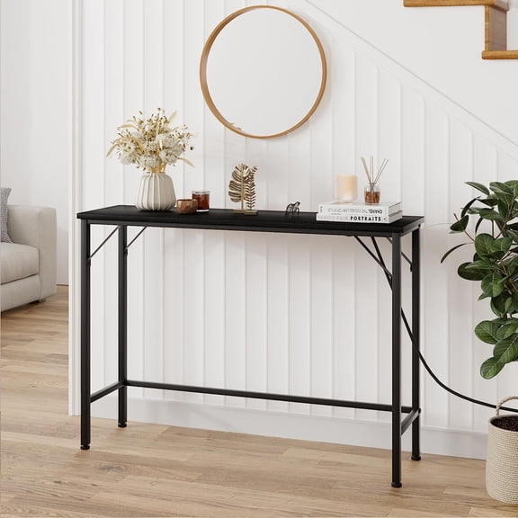 Console Table with Outlet & USB Ports, 39.4" Narrow Sofa Table, Industrial Entryway Table with Charging Station, Behind Couch Table for Entryway, Hallway, Foyer, Living Room, Bedroom Black