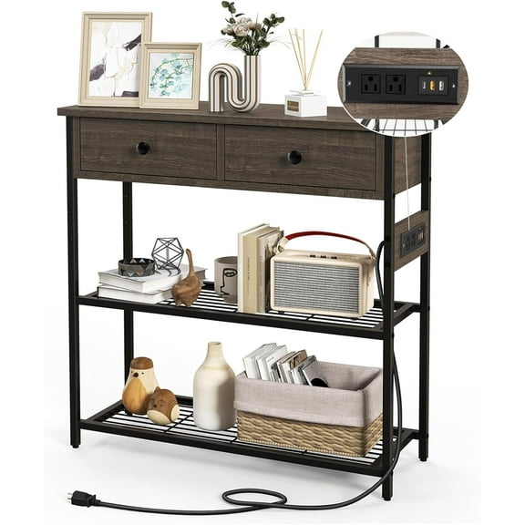 Console Table with Power Outlet, Narrow Entry Table with Drawers, 2 AC Outlets & 2 USB Ports, Sofa Table for Living Room Behind Couch, Living Room, Foyer, Grey Oak