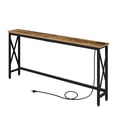 thumbnail image 1 of Console Table with Power Outlet, Narrow Sofa Table, 70.8" x 7.9" Farmhouse Table Behind Sofa Couch Hallway Entrance for Entryway, Living Room, Home, with Metal Frame, Rustic Brown, 1 of 5