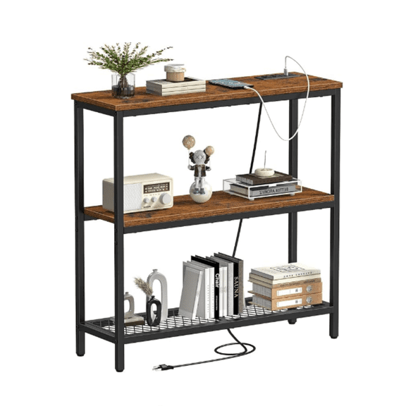 Console Table with Power Outlets, Entryway Table with Storage, Narrow Sofa Table with 3 Tier Shelves, 2 USB Ports, 2 Power Outlets, Hallway Table for Couch, Living Room, Entrance