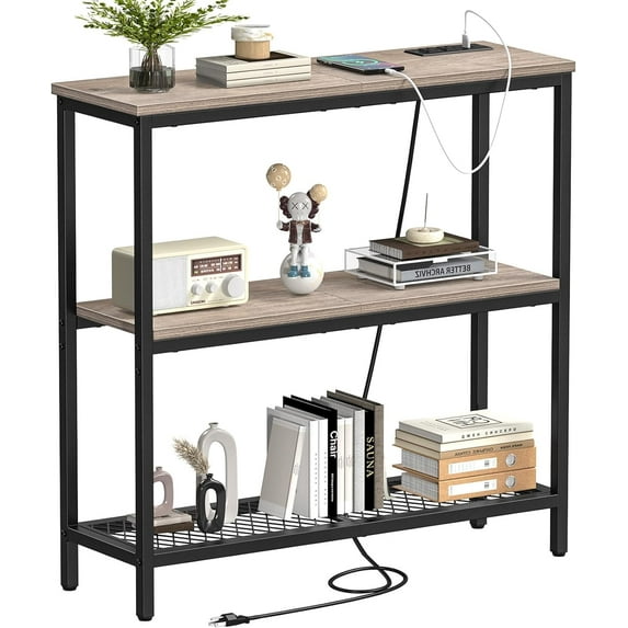 Snughome Console Table with Power Outlets, Entryway Table with Storage, Narrow Sofa Table with 3 Tier Shelves, for Entryway, Hallway, Living Room, Foyer, Grey