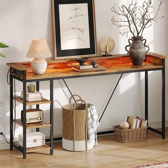 Console Table with Power Outlets and LED Lights, 63 Inch Multi-Functional Sofa Table Behind Couch, 4-Tier Entryway Table for Small Space, Hallway Storage for Living Room, Foyer