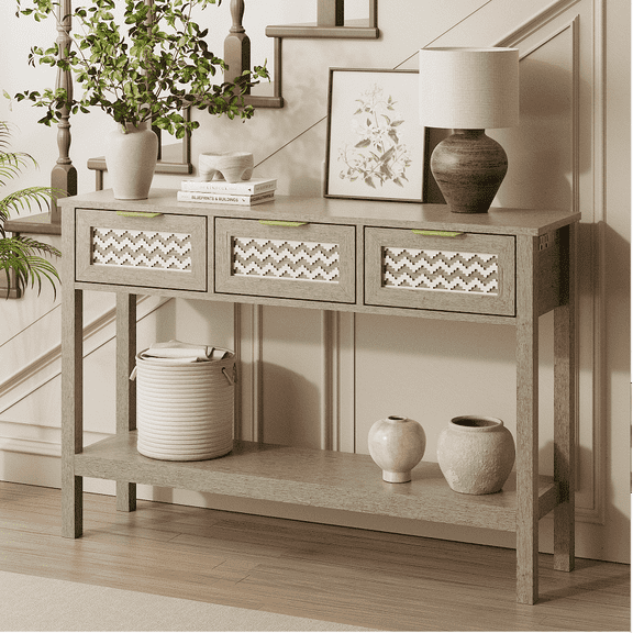 Console Table with Rattan 3 Drawers, Entryway Table with Charging Station, Open Shelf, Behind Couch Entry Foyer Hallway Storage,Living Room, Hallway, Bedroom (Grey-White)