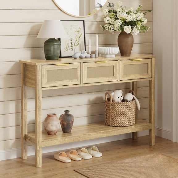 Console Table with Rattan 3 Drawers, Entryway Table with Charging Station, Open Shelf, Behind Couch Entry Foyer Hallway Storage,Living Room, Hallway, Bedroom (Light Yellow)