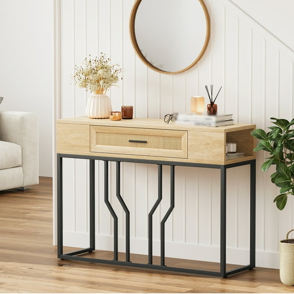 Console Table with Rattan Drawer, Entryway Table with Side Open Storage Shelves, 110 lbs Load Capacity, Accent Side Table, Narrow Sofa Table with Metal Frame for Living Room, Hallway