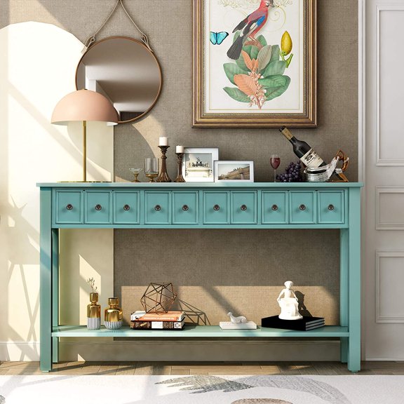 Console Table Rustic Entryway Table 60" Long Sofa Table with 4 Drawers in Two Different Size and Bottom Shelf for Storage (Turquoise Green)
