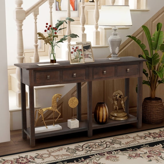 Console Table, Rustic Entryway Table with Storage Drawers and Bottom Shelves, Wood Sofa Table Behind Couch Table