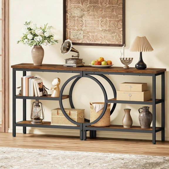 Console Table Set of 2, 3-Tier Industrial Entryway Table with Storage, Hallway Tables, Narrow Entrance Sofa Tables,Accent Tables with Shelves for Living Room, Foyer, Rustic Brown