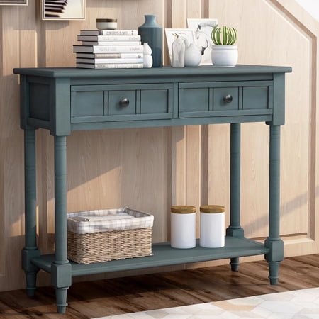 SalonMore Console Table Sideboard Wooden Sofa Table with 2 Drawers and Bottom Shelf for Bedroom (Navy)