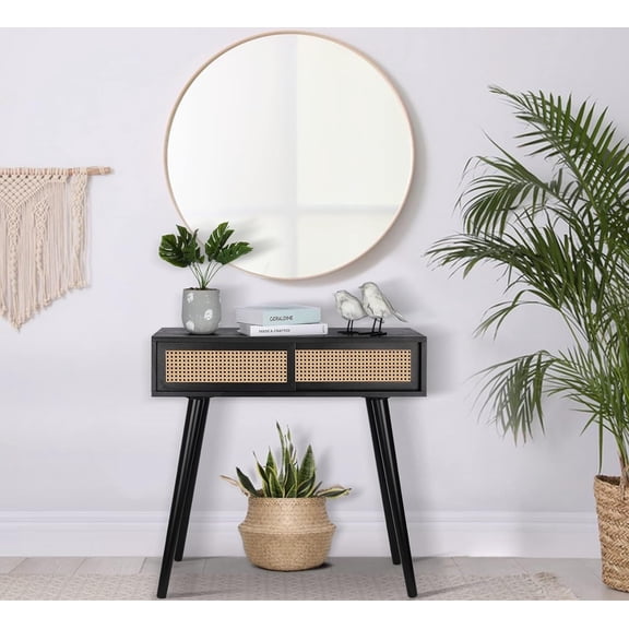 Console Table Small Entryway Table, 31" Console Tables for Entryway, Rattan Dresser Side Table Black Entry Table Narrow Console Table Modern Hallway Table Boho Sofa Table for Living Room, Vanity Desk
