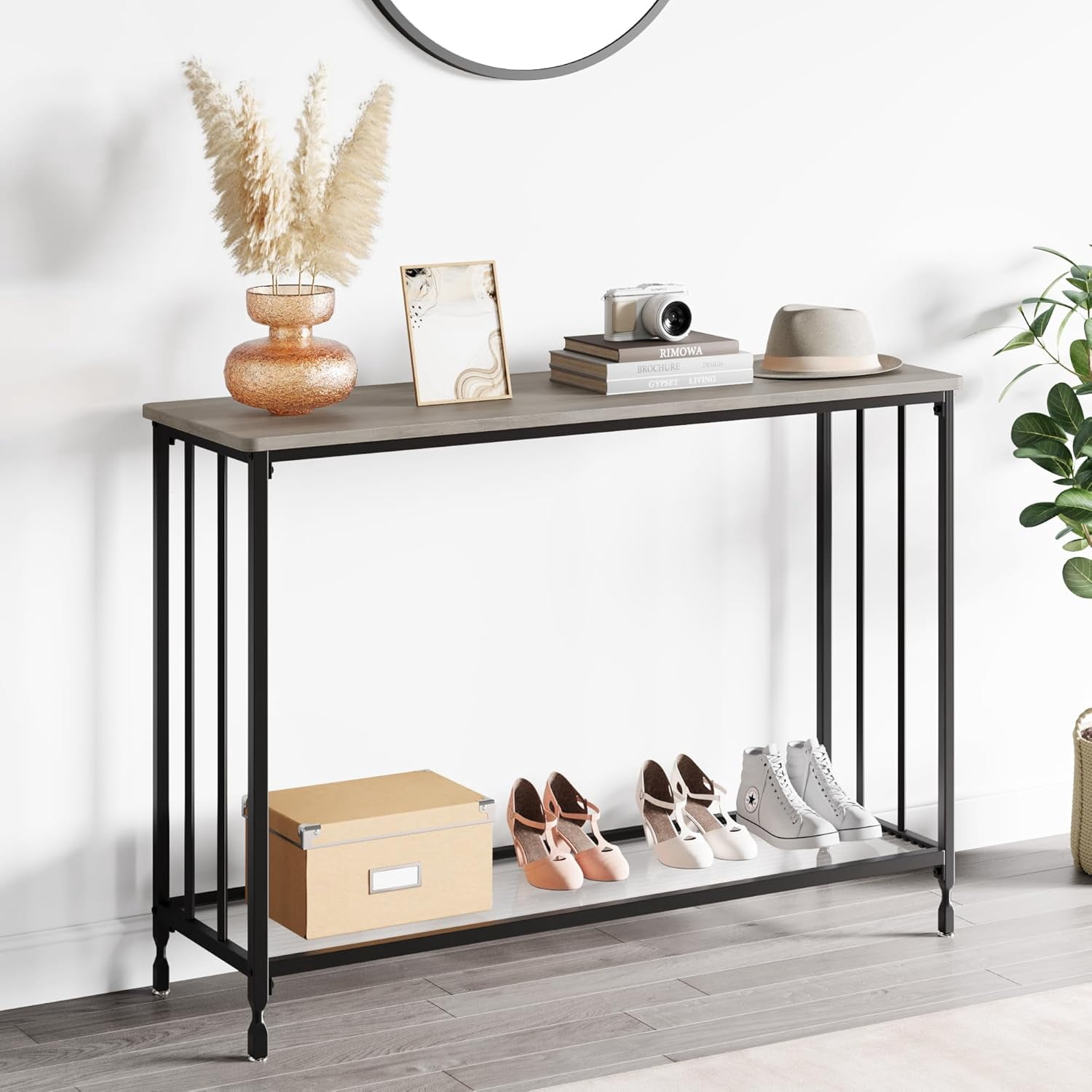 Console Table Small Entryway Table Narrow Sofa Table with Glass Storage Shelves, 2 Tier Accent Couch Table Hallway Side Table for Entry Way Living Bedroom Home Office Small Space, Grey
