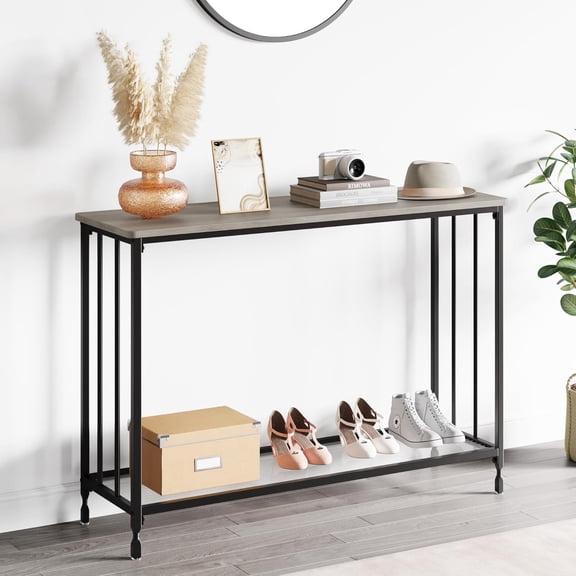 Console Table Small Entryway Table Narrow Sofa Table with Glass Storage Shelves, 2 Tier Accent Couch Table Hallway Side Table for Entry Way Living Bedroom Home Office Small Space, Grey