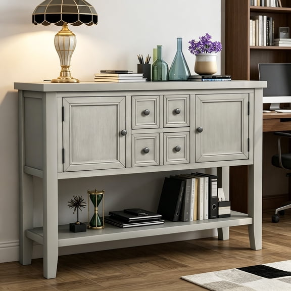Console Table Sofa Table with 2 Cabinets and 4 Drawers, 46" Buffet Sideboard with Bottom Shelf, Retro Console Table for Kitchen, Hallways, Living Room, Antique Gray