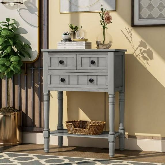 Console Table,Sofa Table with Three Storage Drawers and Bottom Shelf,Vintage Wooden Slim Sideboard Table for Entryway, Hallway, Living Room, Easy Assembly,Gray Wash