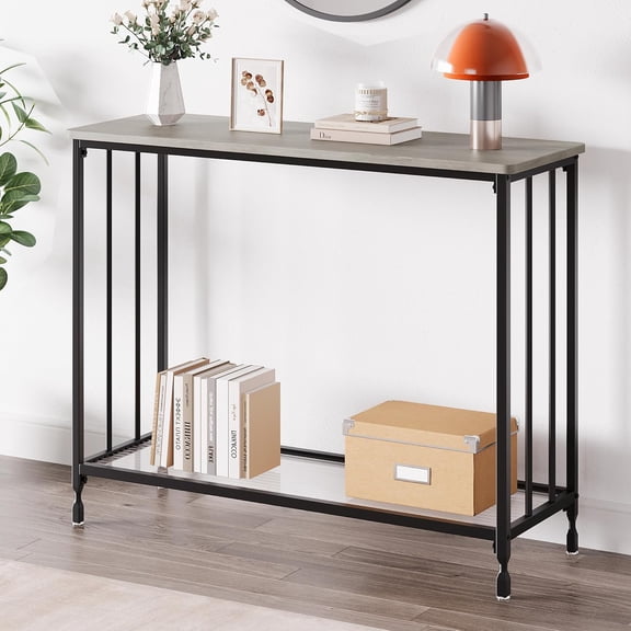 Console Table, Sofa Tables Narrow Entryway Table with Glass Shelf and Metal Frame, 33.5" Behind Couch Table Industrial Hallway Table for Living Room, Foyer, Bedroom, Rustic Grey