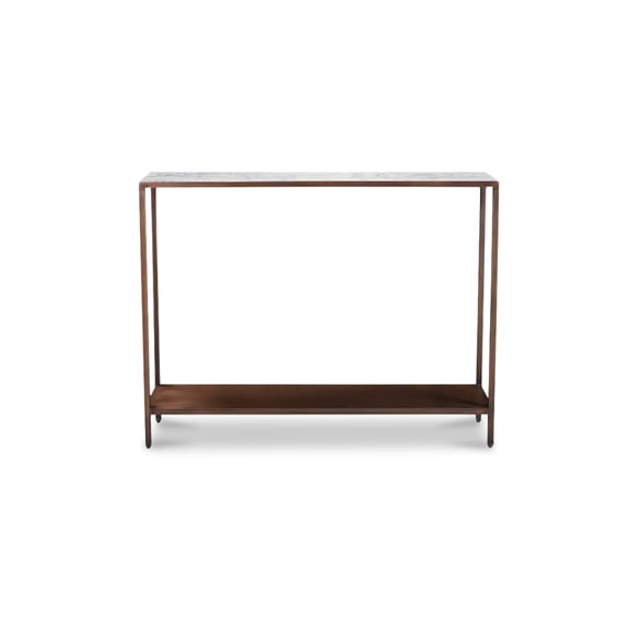 Console Table with Solid White Marble Top, Antique Copper Finish Iron Frame and Aluminum Shelf, Contemporary Brown Entryway Accent Table for Living Room or Hallway, Oversized Size
