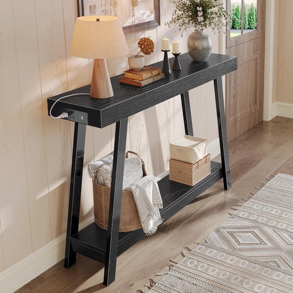 Console Table with Station, -C Port, 2 Tiers Entryway Table, .2 Inch Sofa Table with , Entry Hallway Table with Thicker Desktop, Modern Behind Couch Table, Black