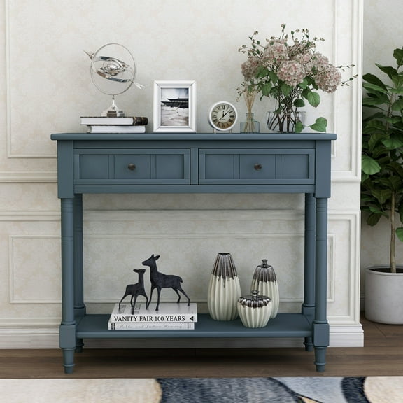 Console Table, Console Tables for Entryway, 35" Console Sofa Table Foyer Table with 2 Drawers & Open Shelves, Console Table with Storage, Narrow Entryway Table for Living Room, Hallway, Entrance, Blue