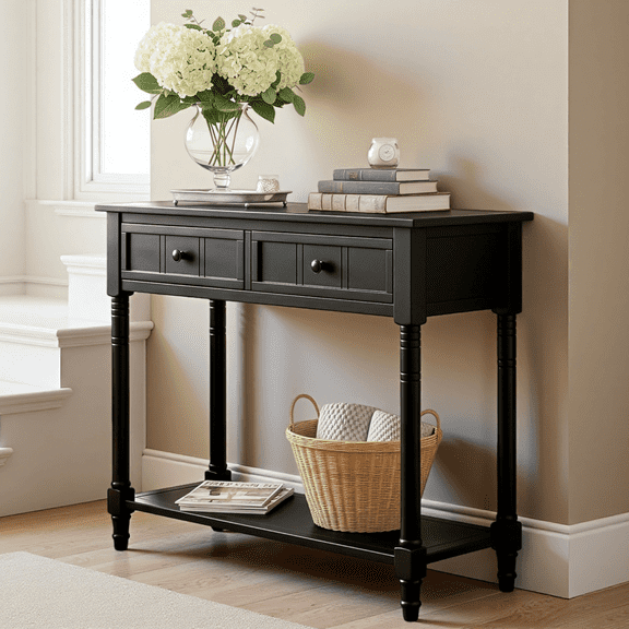Console Table, Traditional Entryway Table with Two Drawers and Bottom Shelf, Solid Wood Hallway Sofa Table for Living Room, Black