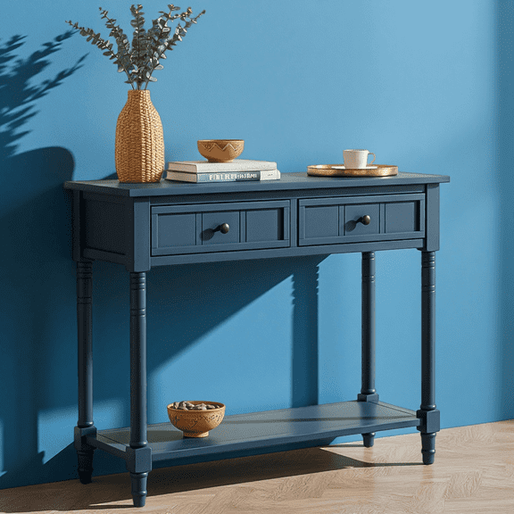 Console Table, Traditional Entryway Table with Two Drawers and Bottom Shelf, Solid Wood Hallway Sofa Table for Living Room, Dark Navy