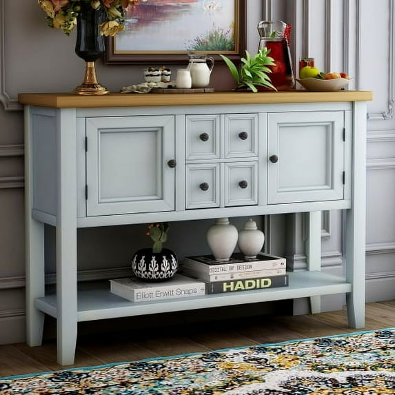 Console Table, Vintage Wood Buffet Sideboard with 4 Storage Drawers & 2 Cabinets & Bottom Shelf, Entryway Hallway Foyer Table Cupboard Coffee Bar Cabinet, 46" L x 15" W x 34" H, Lime White