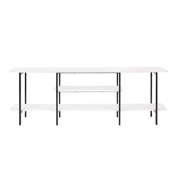 Console Table, White MDF Manufactured Wood and Carbon Steel Low TV Stand with 3 Open Shelves, 70.86" L x 13.97" D x 24" H, for Living Room and Home Office, Fits up to 60 Inch TV