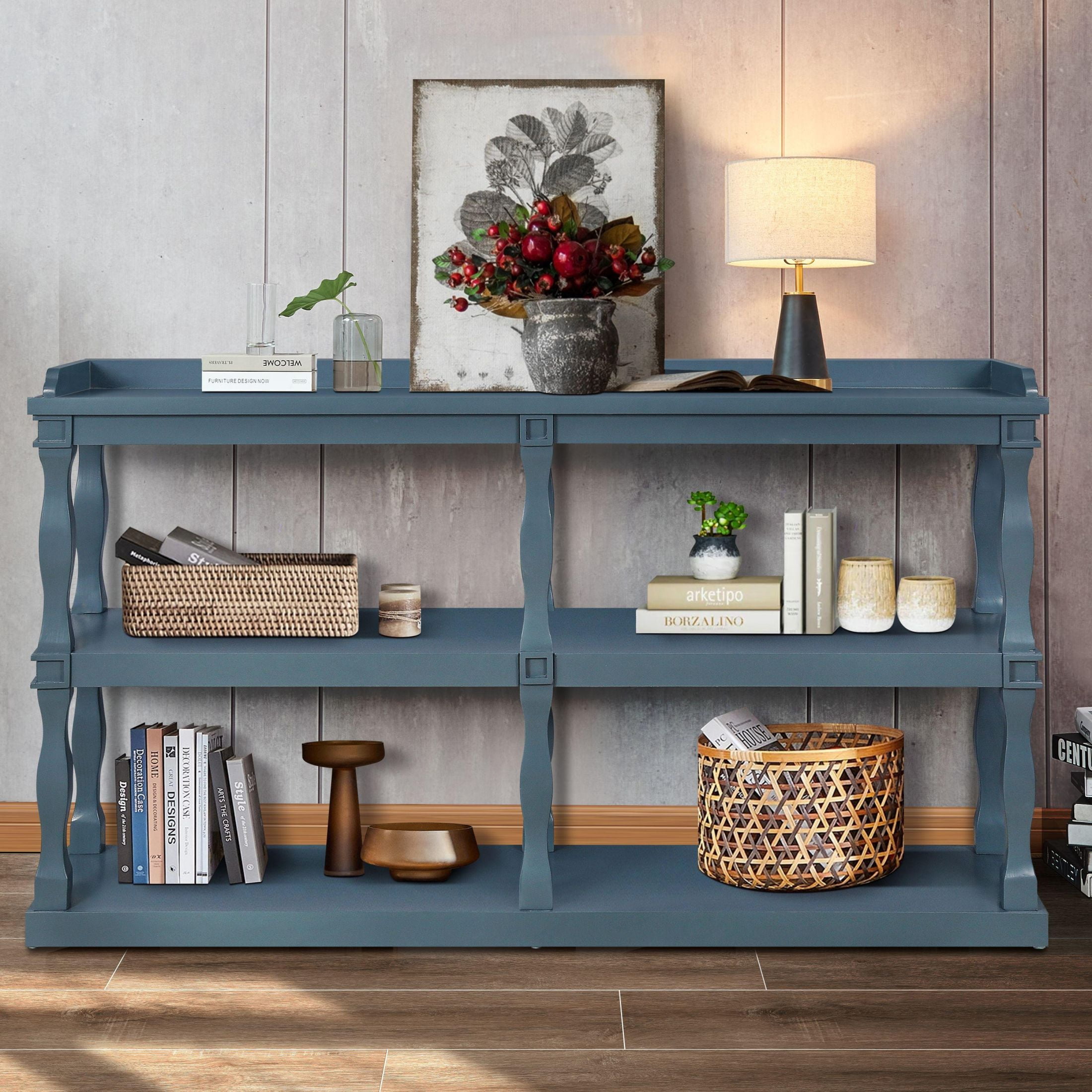 Console Table With 3-Tier Open Storage Spaces And Roman Column Effect ...