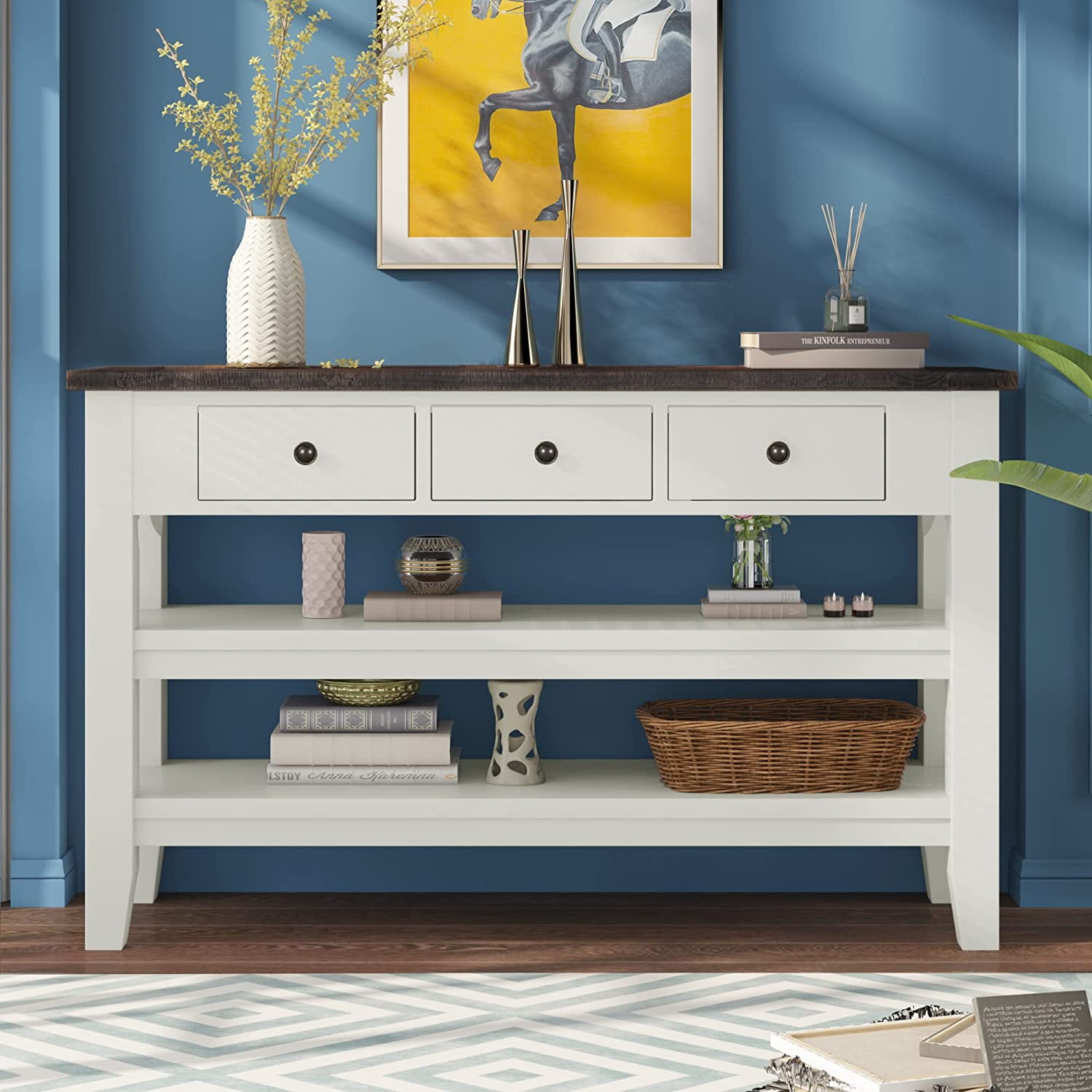 Console Table With Storage Drawers And Shelves For Entryway Skinny Sofa
