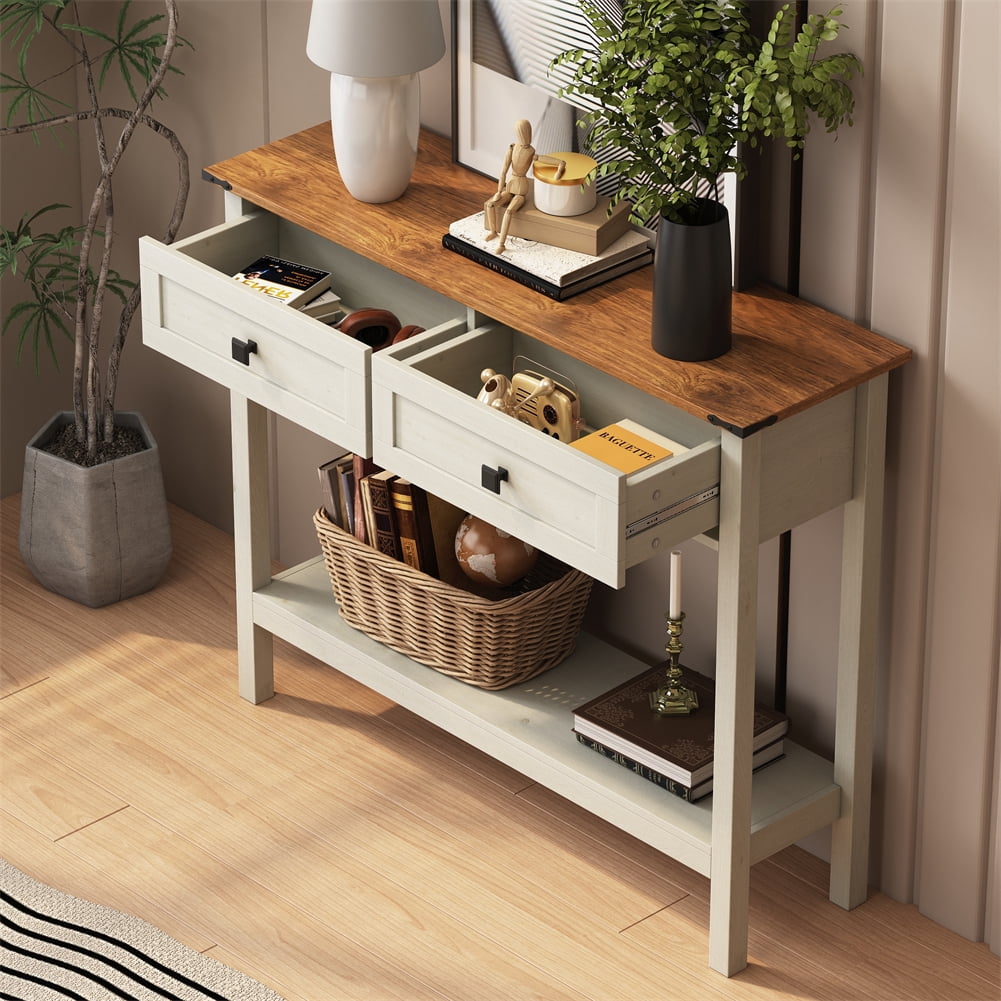 Console Table, Wood Sofa Entryway Table With 2 Rattan Drawer And Bottom ...
