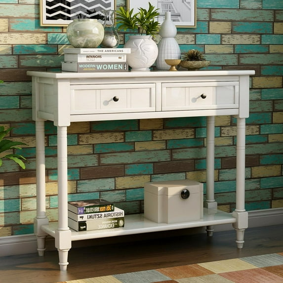 Console Table Traditional Design with Two Drawers and Bottom Shelf Entryway Table with Storage Acacia Mangium, Ivory