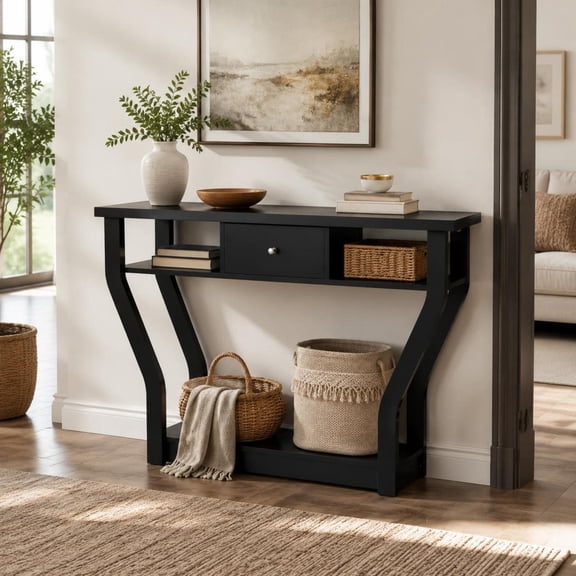 Console Table, curved frame design with drawer, 3-tier shelf, ideal for entryway storage