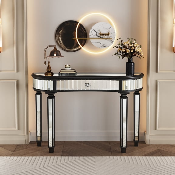 The Iron Hearth Console Table, for Bedroom/Entryway, Chic Display Surface, Elegant Crescent Design, Merging Functional Design