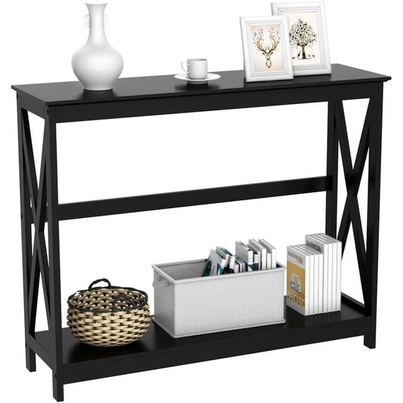 Console Table for Entryway, 2 Tier Entryway Table Bookshelf Accent Table w/Storage Shelf Living Room Entry Hall Foyer Table Furniture, Black,X-Design