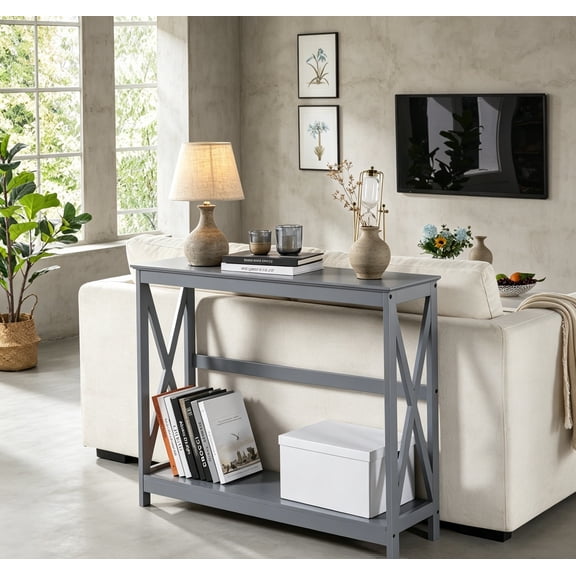 Console Table for Entryway, 2-Tier Narrow Sofa Table Bookshelf Accent Table with Storage Shelf, Living Room Entry Hall Foyer Table, Grey