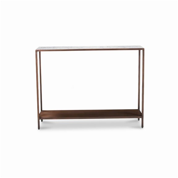 Console Table for Living Room and Entertainment Space with Solid White Marble Top and Antique Copper Finished Iron Frame