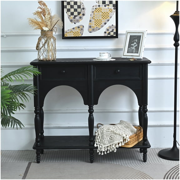 Console Table for Primary Living Space 39.37 Inch Solid Wood Distressed Black with Arched Design Turned Legs Open Shelf and 2 Drawers