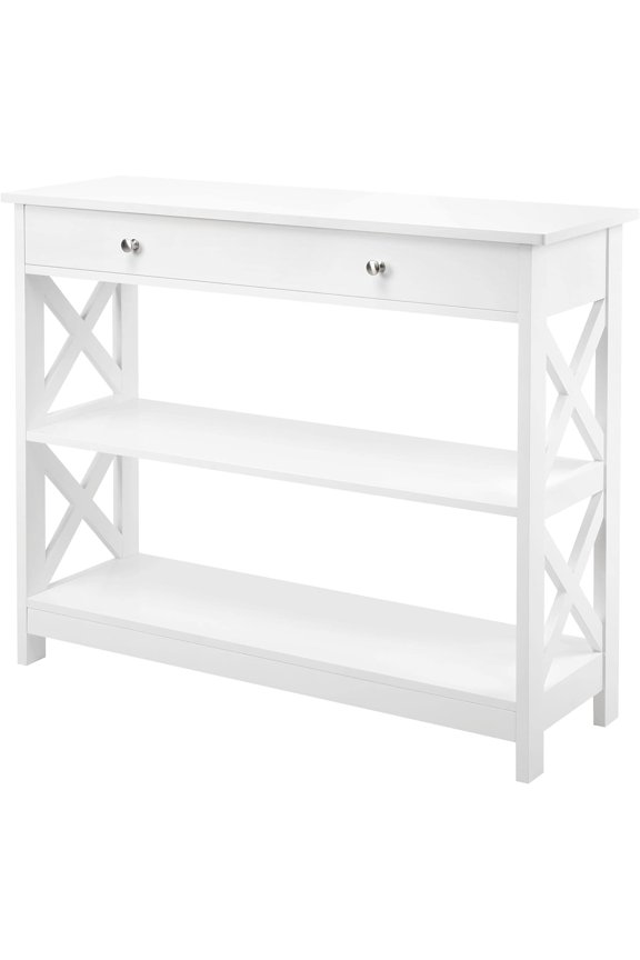 Console Table with 1 Drawer and 2 Open Shelves, Narrow Sofa Side Accent Table for Entryway Living Room, X-Shaped Design,White