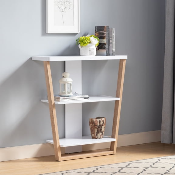 Console Table with 2 Bottom Open Shelves / White - Light Brown for Item Storage