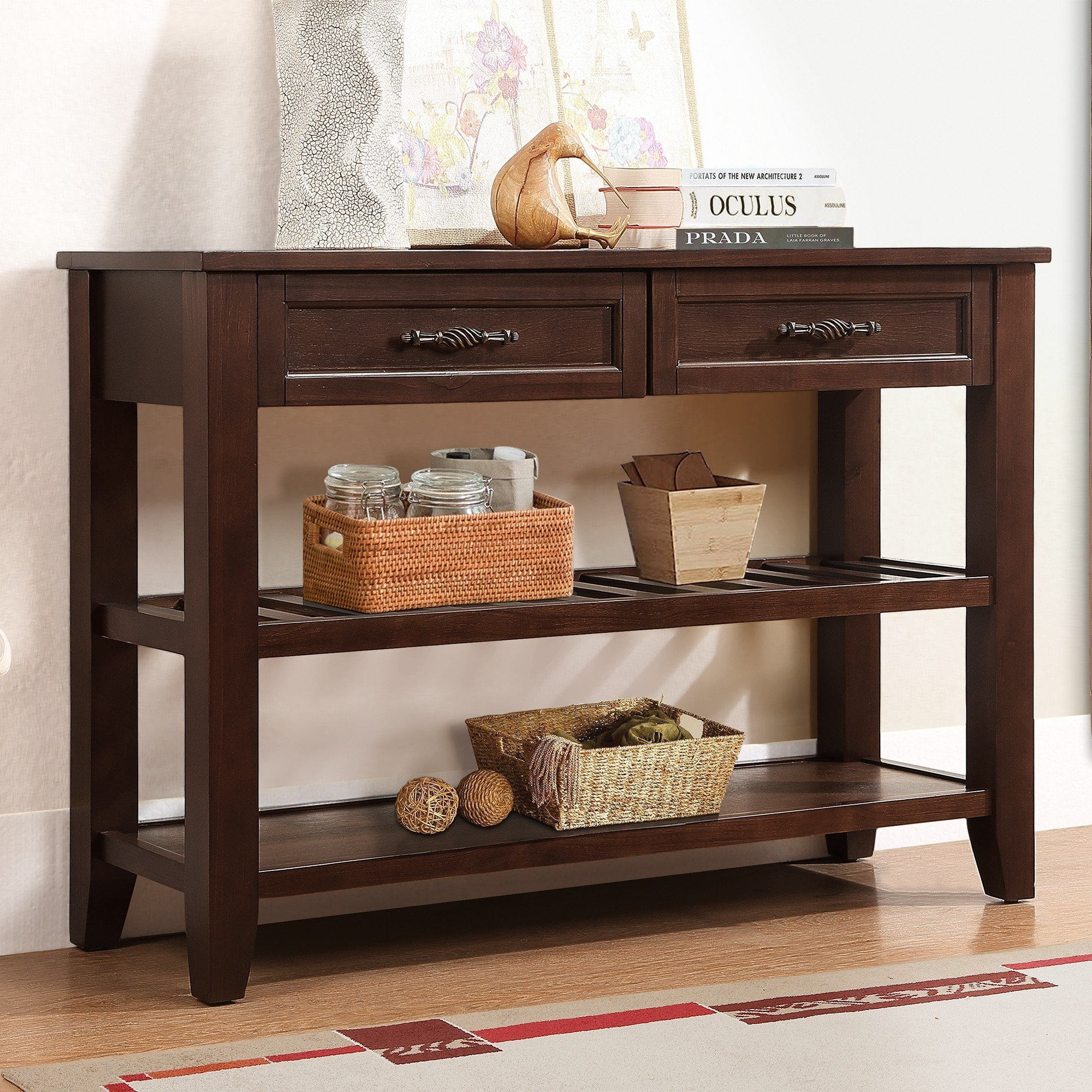 Espresso Solid Wood Console Table with Drawers and Storage Shelves