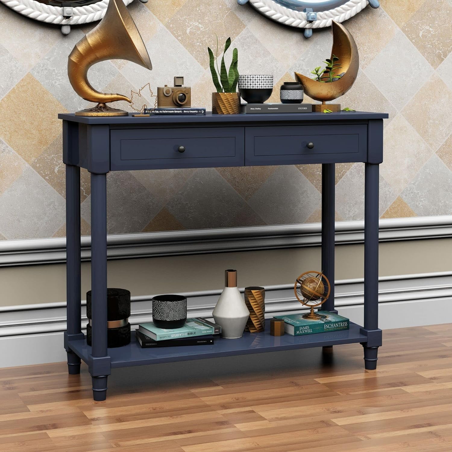 GOFLAME 38" Rustic Narrow Console Table With 2 Drawers & Bottom Shelf - Sofa Table For Entryway, Living Room, Hallway (Walnut)