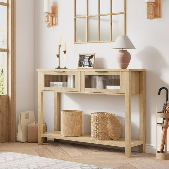 Console Table with 2 Glass Drawers, Farmhouse Sofa Table with Storage, Accent Wood Entryway Table for Living Room, Hallway, Foyer