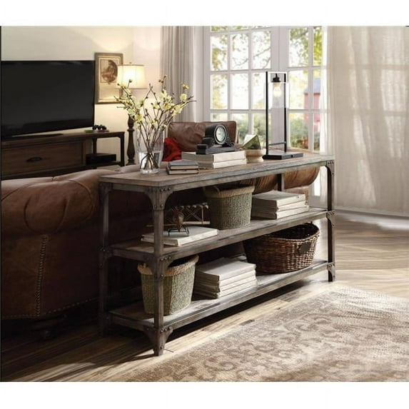 Console Table with 2 Shelves, Brown & Antique Silver